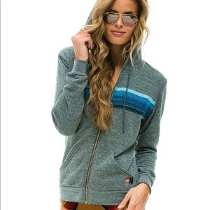Aviator Nation 5 stripe heather grey+blue hoodie.